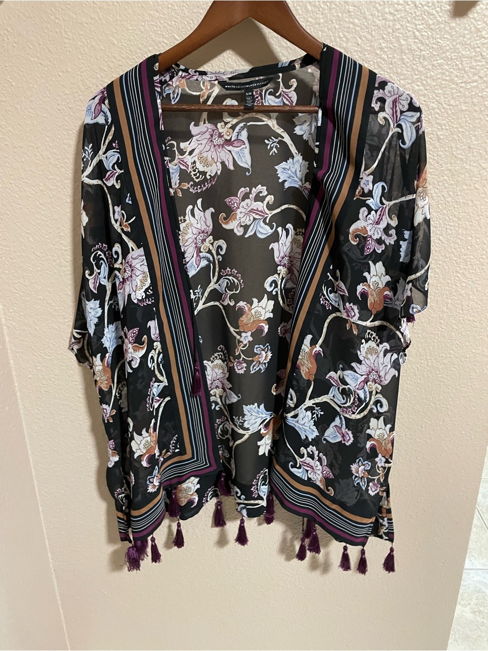 White House Black Market Black Floral Open Kimono with Tassel Trim